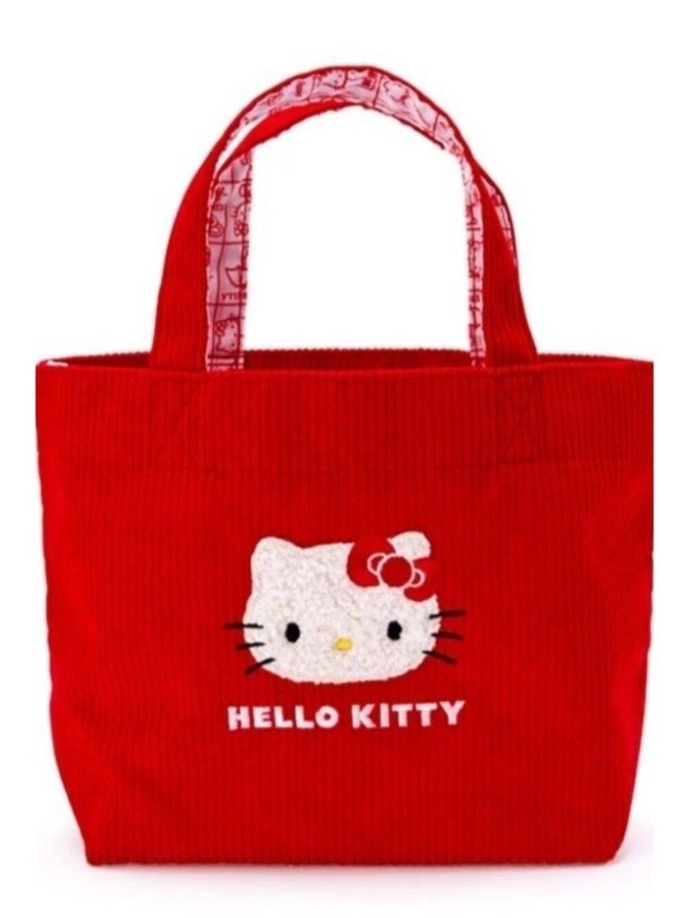Hello Kitty Red Corduroy Mini Tote Bag Zips Closed Double Handles Embroidered